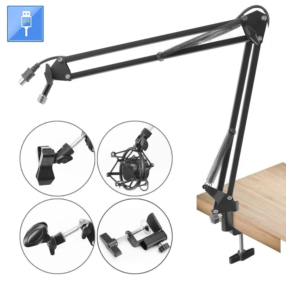 USB Boom Mic Stand with Adjustable Steel Arm | Heavy-Duty Steel Desktop Mic Stand with Shock Mount & Clamp Base - Ideal for Podcast, Studio Recording & Radio Broadcasting Use