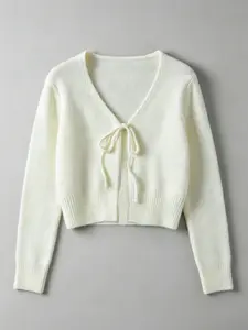 Elegant and Fashionable Short Knit Cardigan with Bow Tie, Versatile Long Sleeve V Neck Sweater for All Seasons, Casual Style for Women, Knitwear