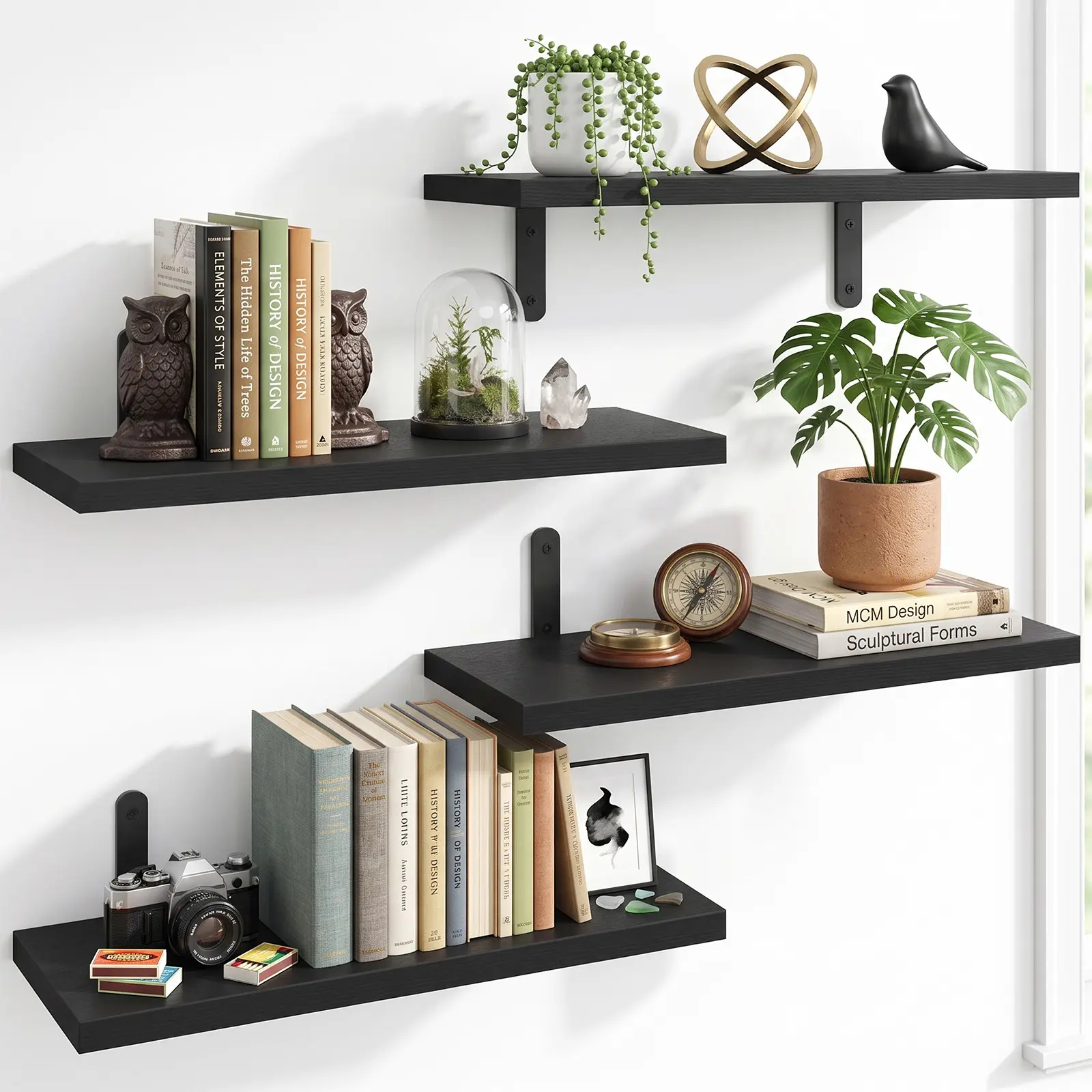 FIXWAL Floating Wall Shelves Set of 4, Black/White Wood Wall Mounted Shelves, Space Saving Wall Storage Organizer for Bedroom, Bathroom, Living Room Decor, Display Shelf & Bookshelf, Back To School Season