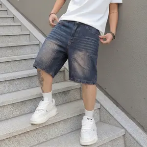 Men's Vintage Washed Patchwork Denim Shorts Baggy Wide Leg Mid Rise Casual Streetwear Knee Length Jorts