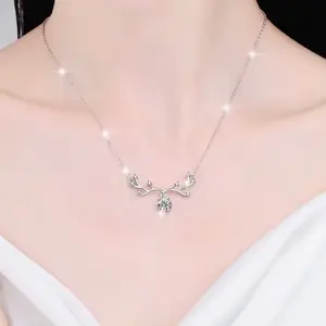 S925 20’ Sterling Silver Antler Moissanite Diamond Pendant 20’ Necklace with extender