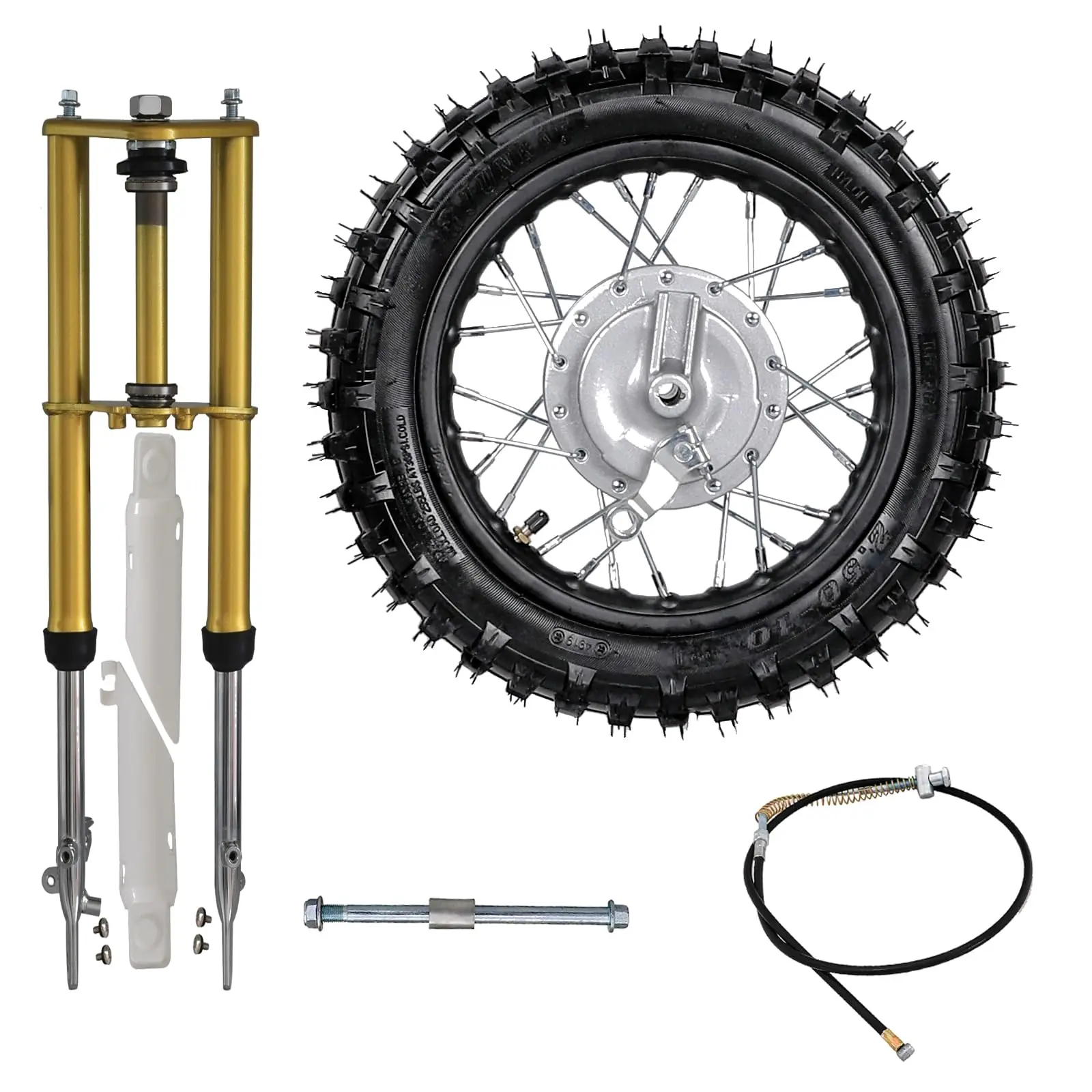 2.50-10 Motorcycle Wheel Drum Brake with Front Forks, 12mm Wheel Rim Axle, Brake Cable Kit for DRZ70 XR50 PW50 CRF50 Pit Mini Dirt Bike Pit Pro Trail Bike Scooter