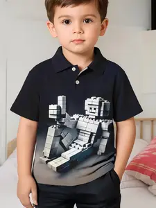 Boys' Building Robot Print Polo Shirt, Cute Summer, Slim-Fitting Casual Style, All over Print, No Zipper, with Collar, Graphic Shirt, Cute Shirts