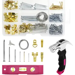 308 count Picture  Kit,  Hardware with Hooks, D Ring, Nails, Wire Wall  Kits with  Level, Small  Claw Hammer for  Pictures Frame Painting  Office Wall Decor