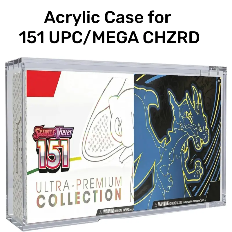 Acrylic Protective Display Case with Sliding  Lid for Mega Charizard ex UPC PKMN 151 UPC Storage Booster Box Trading Anime Graded Cards , 6MM Thick Magnetic Lid Protector  Holder Stackable Cabinet