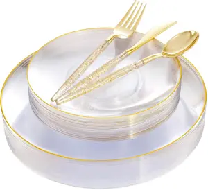 Liacere 150PCS Clear Gold Plastic Plates - Gold Plastic Silverware with Glitter Handle - Clear Gold Disposable Plates Include 30 Guests Plates, Forks, Spoons, Knives for Wedding & Party