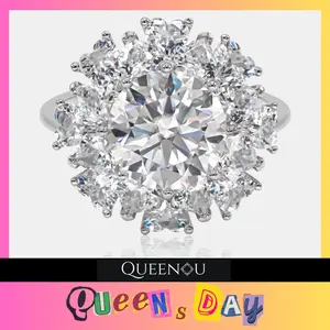 【858】QUEENSDAY Luxurious Floral Sunburst Synthetic Moissanite Ring - Elegant Wedding/Anniversary Gift, Fashionable Statement Jewelry for Women, Dazzling Floral Design synthetic moissanite Christmas gift