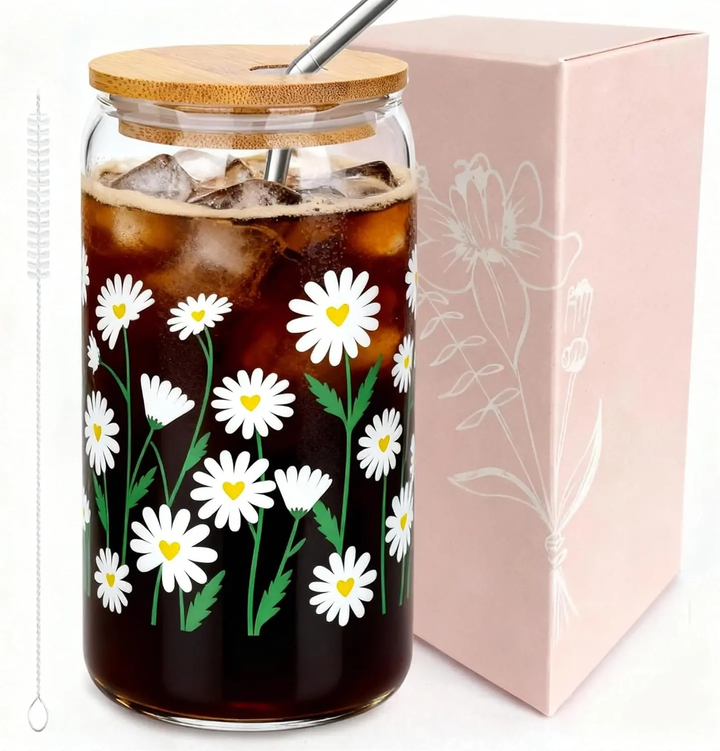 16oz Aesthetic Stylish Daisy Flower Glass Tumblers with Reusable Steel Lids & Straws - 2026 Update, Leakproof, BPA-Free, Kitchenware Drinkware for Iced Coffee, Gifts for Women, Hand-Painted