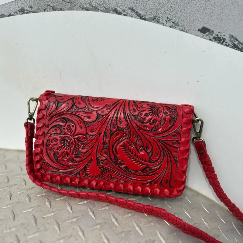 Floral Embossed Leather Crossbody Wallet with Braided Strap and Built in handle