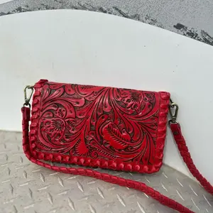Floral Embossed Leather Crossbody Wallet with Braided Strap and Built in handle