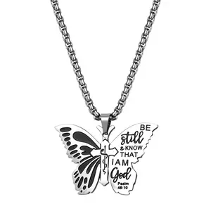 OIDEA 23.6 in Butterfly Stainless Steel Necklace - Be Still Know That I am God Psalm Pendant, Faith Christian Religious Women's Jewelry Accessory summerwins,summerwins