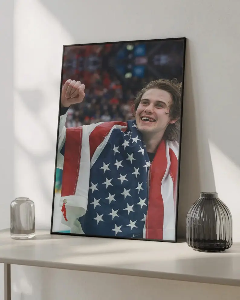 Jack Hughes Art Print - Ice Hockey Champion Poster, Chipped Tooth Aesthetic, Athlete Wall Decor - Golden Goal - Legendary Photo Poster
