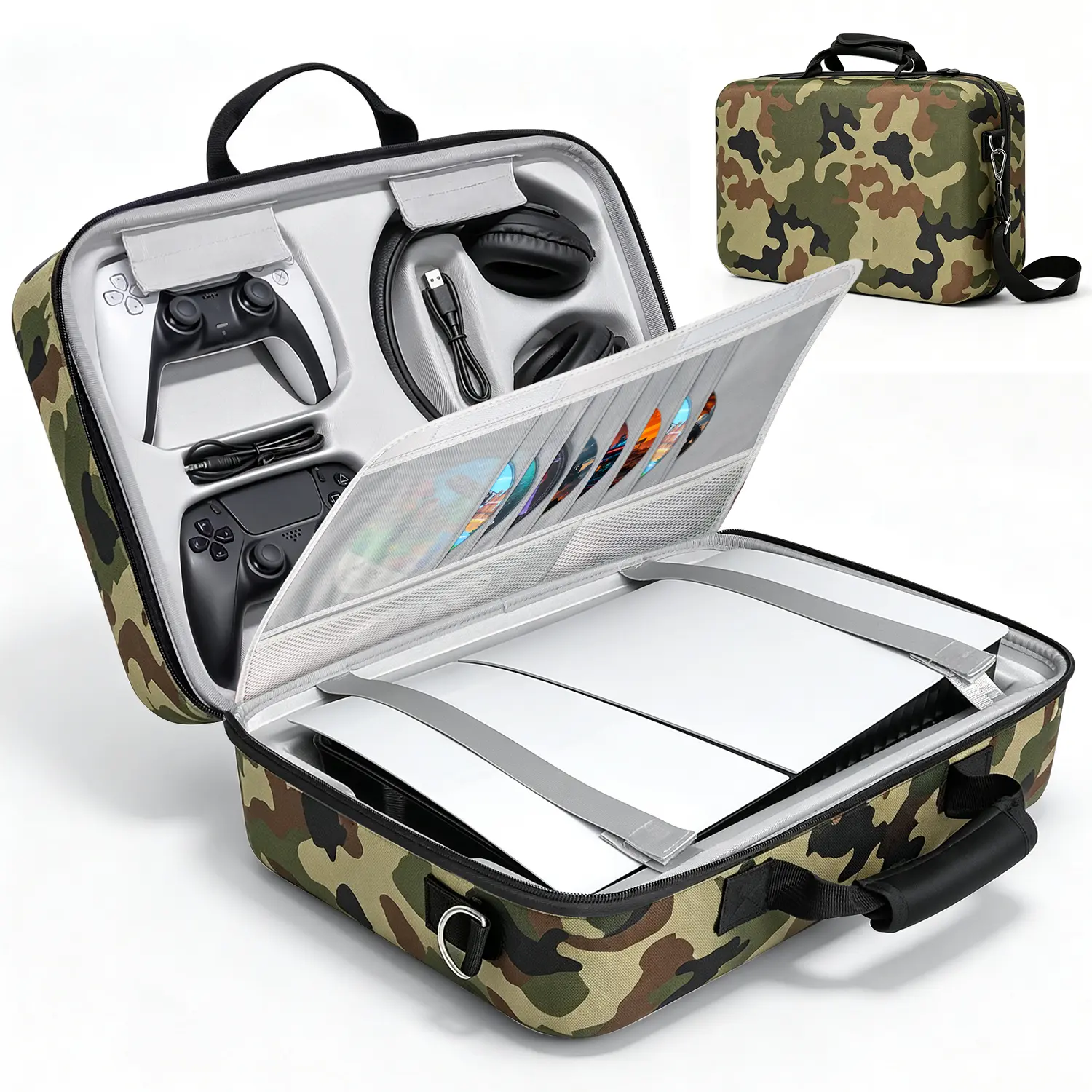 MAONOI Protective Hard Shell EVA Gaming Trip Carrying Case for PS5 Slim Console (2023 Disc/Digital Edition) - Waterproof, Shockproof Multi-Pocket Pouch with Zipper, Kiss Lock, Holds 2 Controllers, Headset, Games, Cables, Gamer Gift