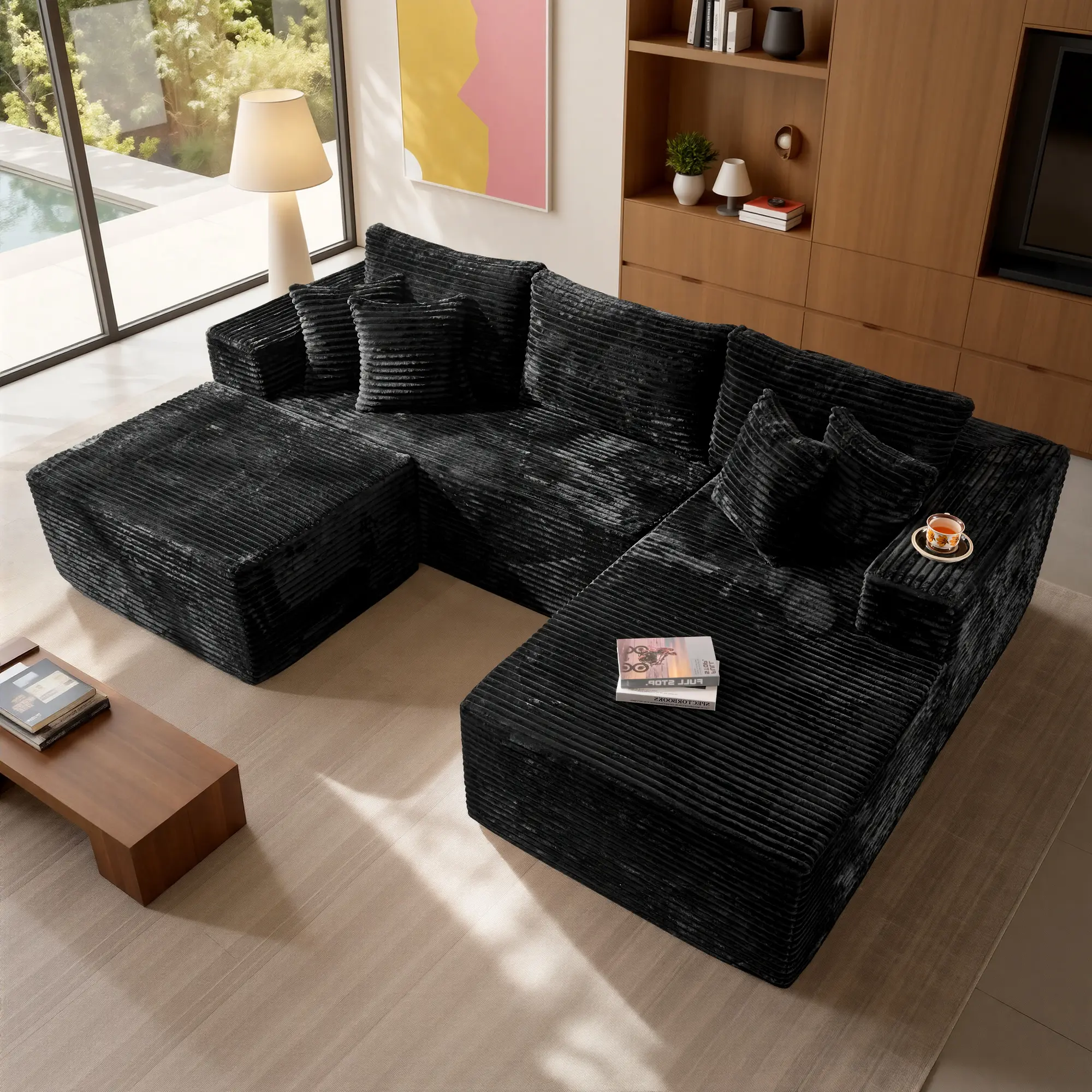 108“Black Corduroy Right Chaise With Ottoman