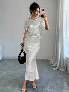 Two-Piece Set Women's Glitter Tee & Skirt, Elegant Fashion Casual Round Neck Fitted Short Sleeve T-shirt & Long Skirt for Daily Outdoor Wear, Ladies for Summer, Clothes, Womenswear