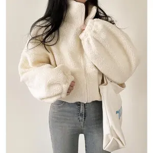Women's Stand Collar Sherpa Fleece Jacket �C Thick Warm Zip-Up Short Coat, Cozy Oversized Fall Winter Outerwear