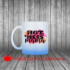 Hot Mess Mama Frosted Glass Coffee Mug - 11 oz glass coffee mug - Available in Blue or Purple