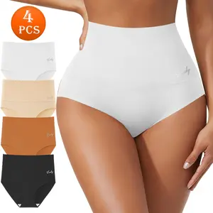 QUASTI 4-Piece Elegant High-Waisted Solid Color Women's Panties, Super Soft and Breathable, Highly Elastic and Comfortable, Silky Smooth Against the Skin, Everyday Essential Womenswear Brief , Sizes S-XXL