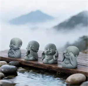 4Pcs Baby Buddha Statue Set, 2 Inch Mini Zen Monk, Sandstone Buddha for Desk Decor, Laughing Buddha for Good Luck, Car Dashboard, Home & Living Room Decor with Blessing Amulet