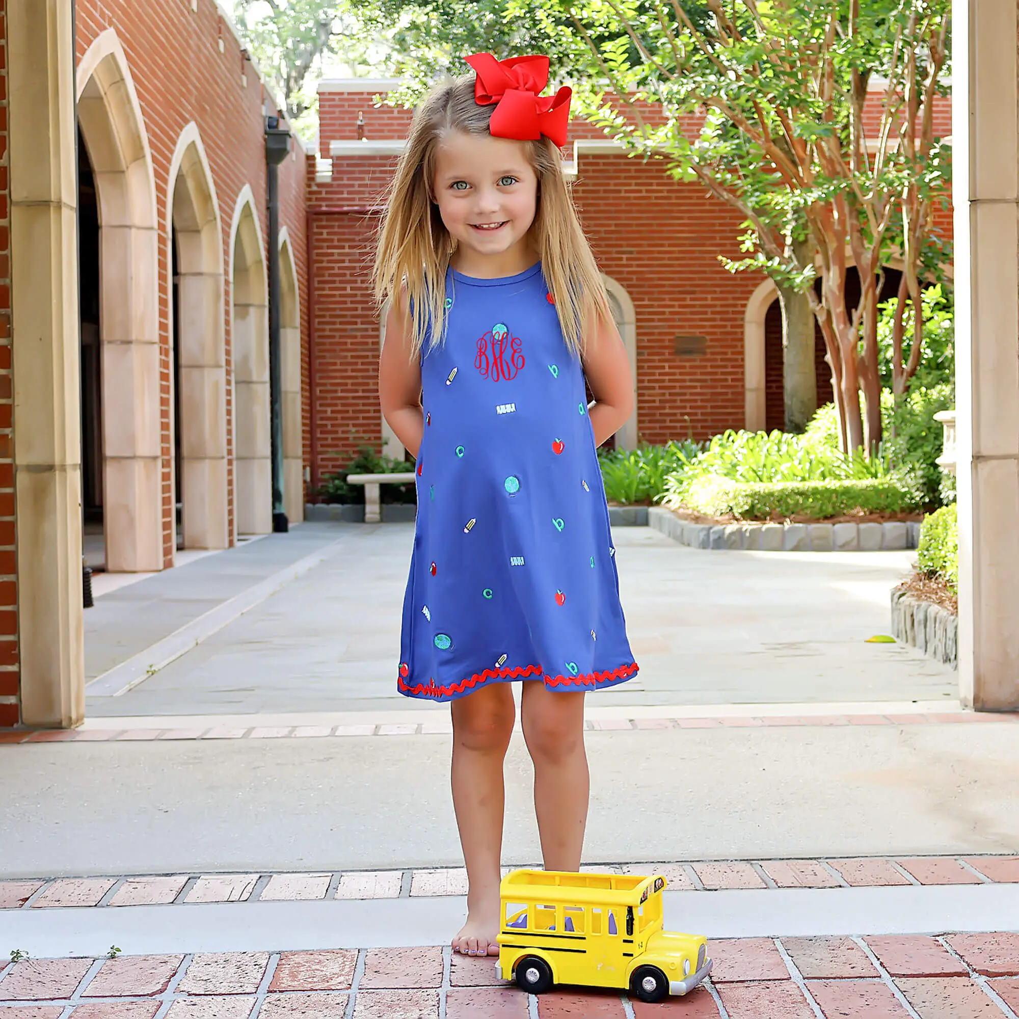 School Rules Blue Eleanor Dress - Soft Knit Embroidered Outfit for Girls