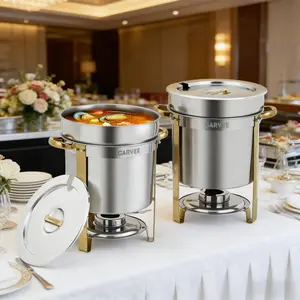 11QT Commercial Soup Warmer, 2 Pack Stainless Steel Round Soup Chafer with Pot, Notched Lids & Fuel Holders, Food Warmer for Buffets Parties Wedding Banquets Catering, Gold