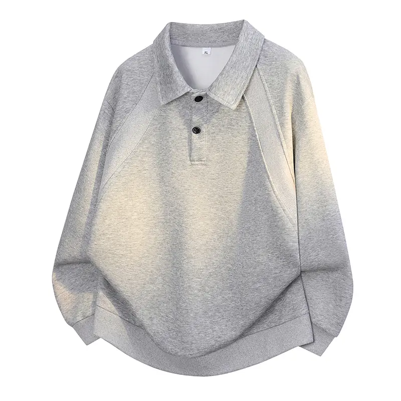 Men's Preppy Retro Polo Sweatshirt, Longsleeve Fitted Pullover with a Button Collar in Plain Heather Grey for Casual Outfits, M, Basic, Everyday Wear