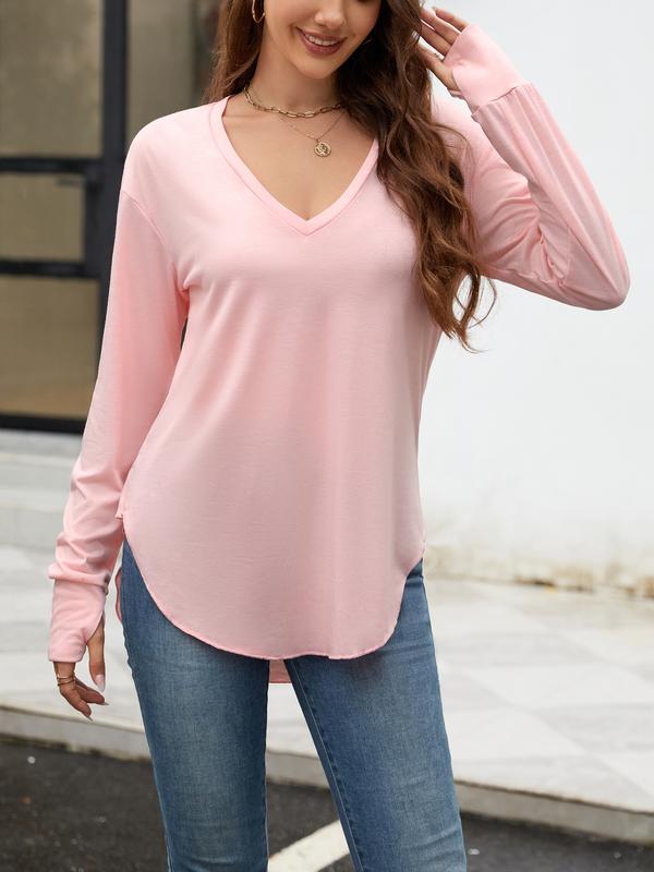 Renaishow Womens Deep V Neck Tunic Tops Long Sleeve Oversized Casual Loose Fit Curved Hem T Shirts with Thumb Holes Blouses Light Breathable Solid