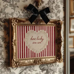 How Lucky Are We Wall Art, Vintage Valentine Lace Heart Print, Romantic Coquette Decor, Red Striped Art, Printable Quote