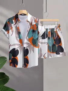 Men's Tropical Plants Floral Print Button Front Shirt & Drawstring Waist Shorts Two-piece Set, Regular Fit Casual Short Sleeve Collared Top & Shorts, Sets for Men Clothing, Menswear, Men's Summer Outfits Set for Beach Vacation