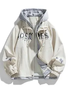 Autumn And Winter Men's Fake Two-Piece Jacket Trendy Letter Print Casual Sports Colorblock Hooded Couple Coat Sweatshirts