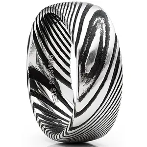 Men's Damascus Steel Wedding Band Ring Black Oxidized Dome Comfort-fit 8MM 7-15
