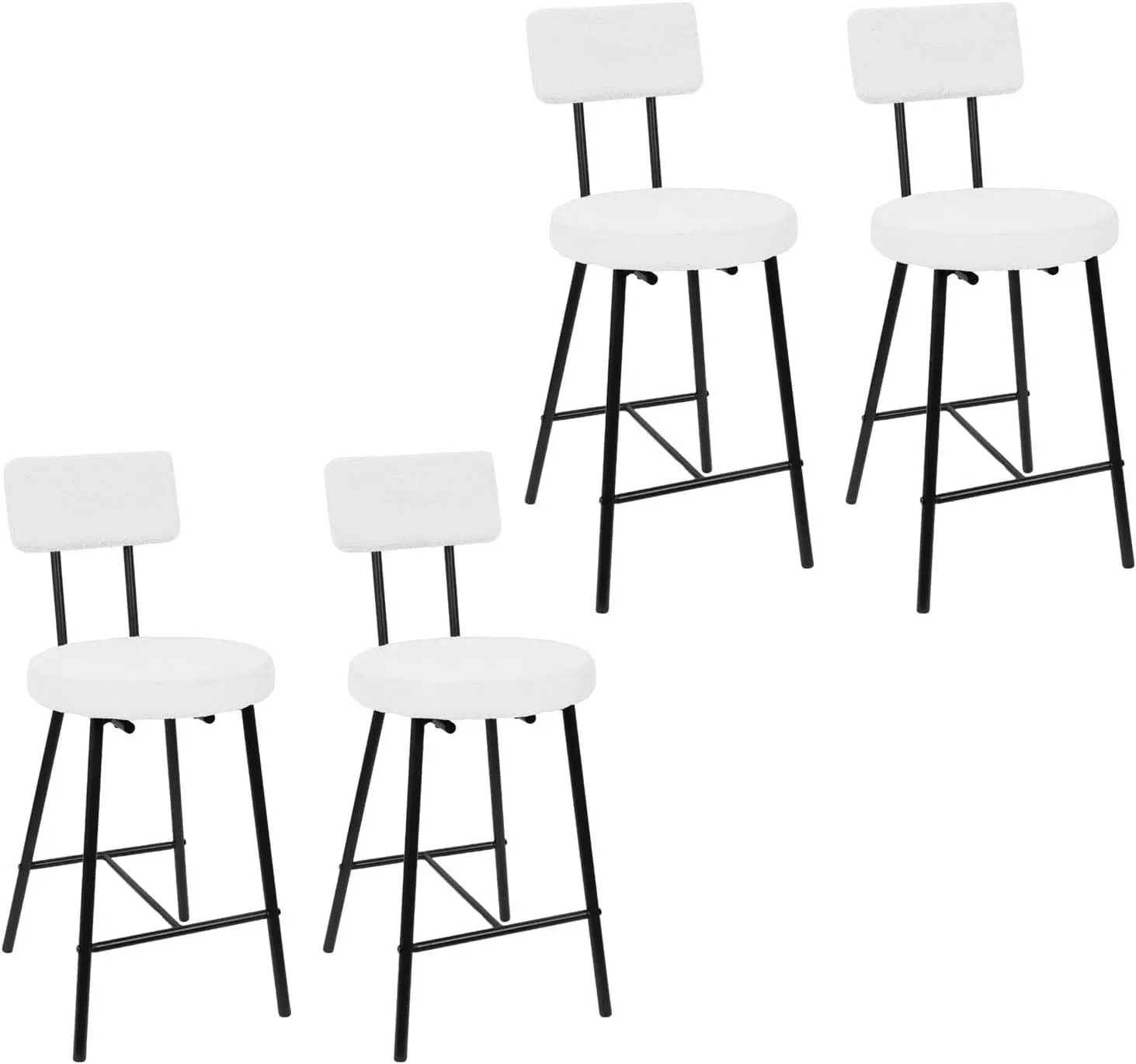 Modern Upholstered Bar Stools Set of 4 Counter Height Bar Chairs with Round Seat Back Footrest for Kitchen Island Dining Room Pub Beige