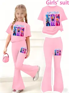 Girls' K-pop Hunter Girl Print Co-ord Set, Suit, Casual Sporty Short Sleeve Tee & Elastic Waist Bell Bottoms, Comfortable Kids' Clothes for Spring & Summer