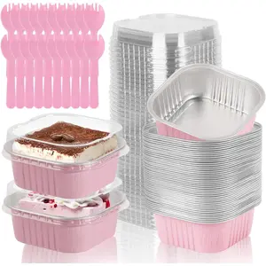 20 Pack 10oz Mini Cake Pans with , 4.4x4.4 Inch  Foil Square Baking Cups with Spoons, Disposable Large Baking Cake Cup Containers with  for Party, Wedding, Birthdays,