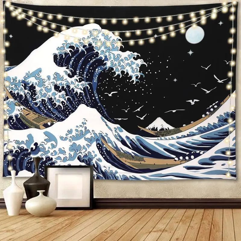 Bedroom Aesthetic Japanese Style Giant Wave Tapestry Large Psychedelic Tapestry Black Art Tapestry Wall Decoration Ceiling Tapestry 40x60 in