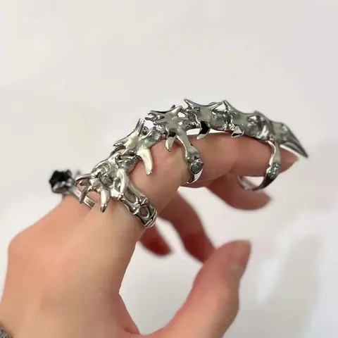 Unisex Silver-Tone Geometric Mechanical-Joint Artificial Gemstone Ring, 1-Size Industrial Edgy Sleek Stackable Rings with Silver-Tone Shine, Adult Cyberpunk Casual Jewelry Accessory, Funky