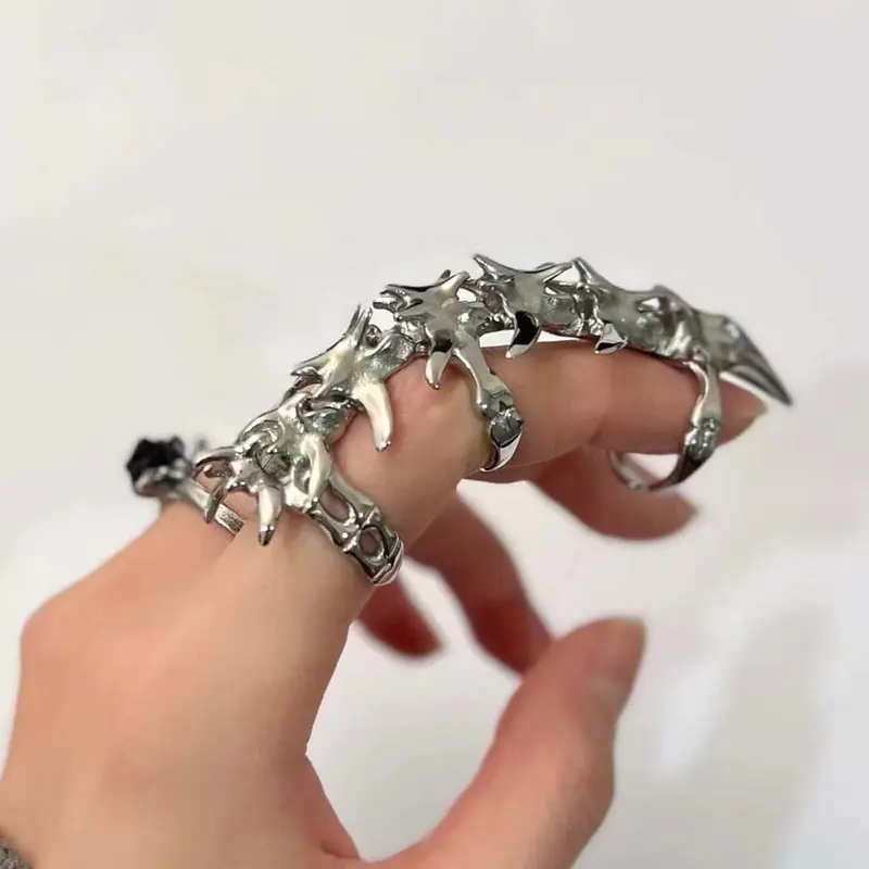 Unisex Silver-Tone Geometric Mechanical-Joint Artificial Gemstone Ring, 1-Size Industrial Edgy Sleek Stackable Rings with Silver-Tone Shine, Adult Cyberpunk Casual Jewelry Accessory, Funky
