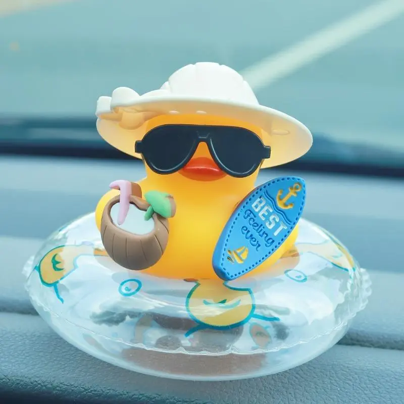 1pc Tropical Beach Duck Car Dashboard Decoration - Featuring Stylish Glasses, Non-Slip Base and Adhesive Pad, Cute Yellow Duck in Coconut Float Ring - Car, Truck, SUV Dashboard Decor - Summer Gift for Drivers, Women and Men - Car Interior Accessory