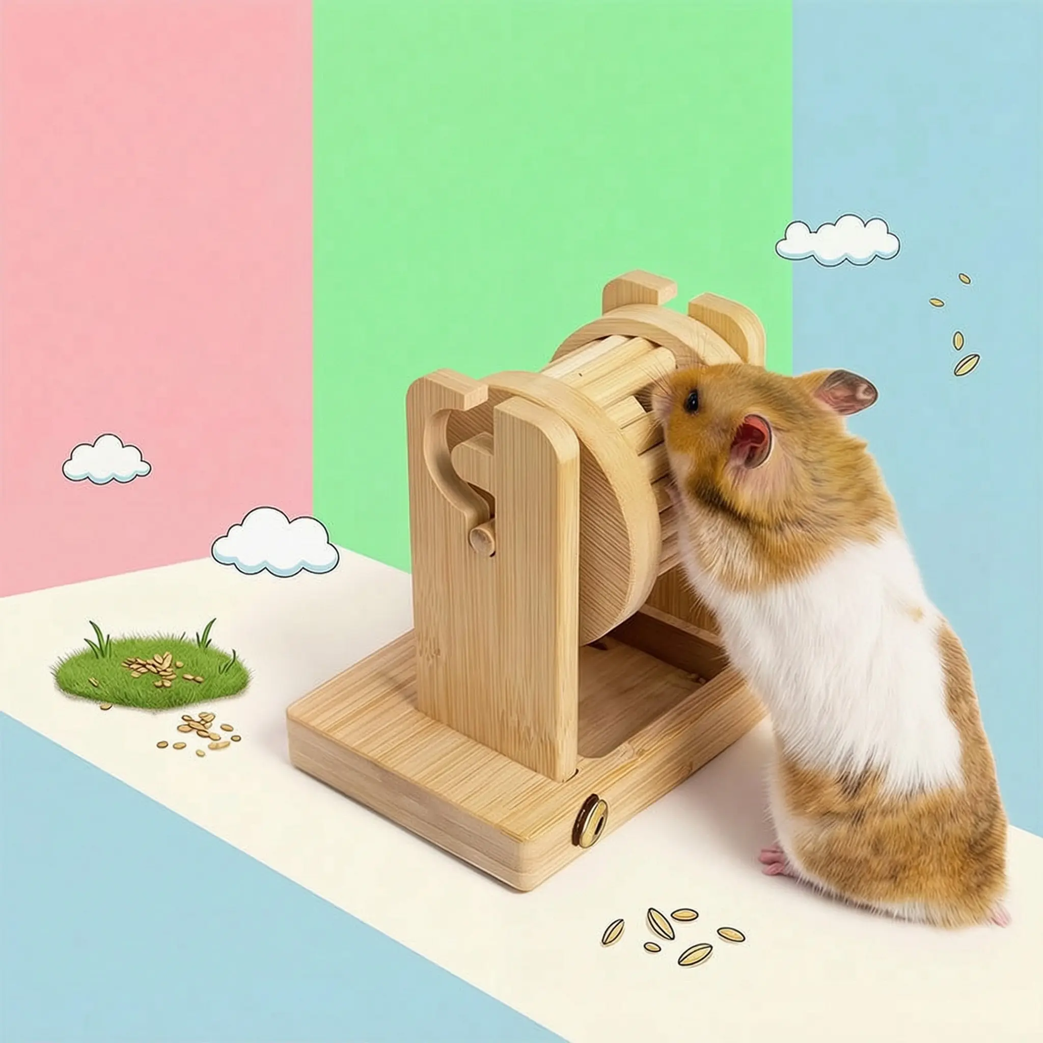 DIY Assembled Hamster Foraging Wheel, Wooden Interactive Exercise Roller Toy. It is a fun enrichment toy for feeding and playing, suitable for intellectual training and teeth grinding of hamsters and other small pets, and can also serve as decoration for