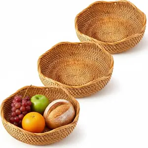 3 count 10.2 Inch Scalloped Rattan Fruit Baskets Round Wicker Bread  Serving Storage Bowls Large Woven  Decorative Basket Tray for Kitchen Entryway Tabletop Counter Organizing