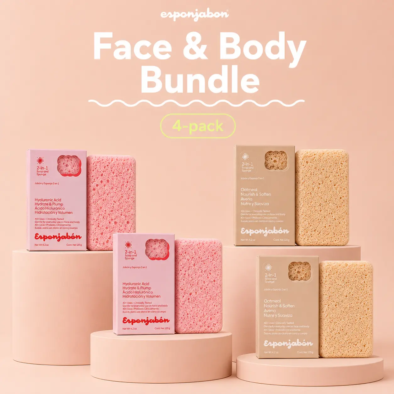 Esponjabon Face & Body 4-pack Bundle - Hyaluronic Acid & Oatmeal Soap Sponges