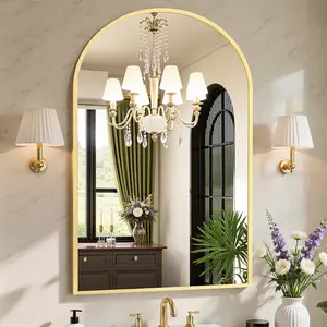 Arched Gold Bathroom Mirror Wall Mounted Vanity Metal Frame Mirror for Bedroom, Entryway, Living Room