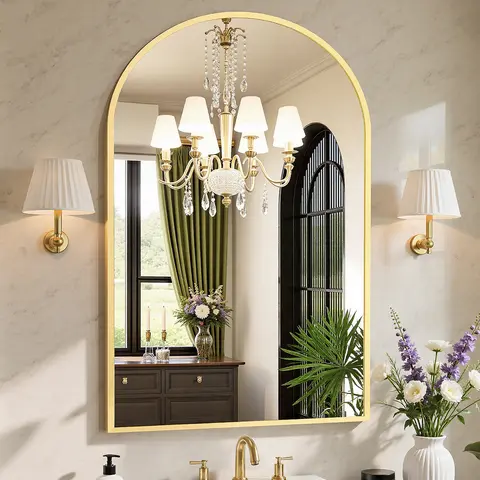 Arched Top Aluminium Frame Interior Mirror - Shatterproof Wall-Mount Glass, Accurate Reflection Vanity Aesthetic Makeup Piece for Sink Quick Grooming, Bathroom Mirrors for Vanity & Decorative Wall Decor