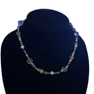 Teal White and Clear beaded handmade necklace