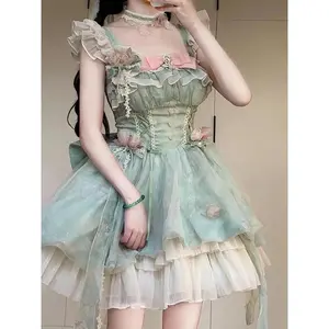 Women's Korean Chic Green Fitted Floral Birthday Party Dress, 2026 Summer Cute Elegant Sweet Waist Short Dress, Japanese Flower Fairy Lolita Clothes