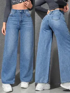 Spring Summer High Waist Elastic Women's Jeans, Washed Blue Casual Wide Leg Pants, Fitted H-Type Denim for Daily Commute and Vacation