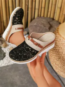 Women's Beige Crochet Mesh Buckle Slides, Jute-Wrapped Wedge Heel Mules, Versatile Casual Outdoor Shoes