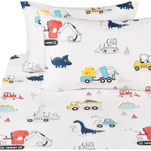 Dinosaur Construction Work Digger Cars Vehicle Cute Cozy Fun Full Sheet Set for Kids Girls Children 100% Cotton Flat Sheet + Fitted Sheet + Pillowcase Bedding Set (Dinosaur, Full)