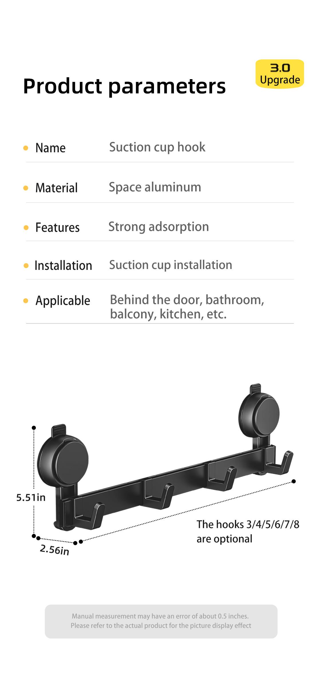 5 Hooks Suction Cup Hook Rack Heavy Duty No Drilling Bathroom Shower Door Black Rustproof Aluminum