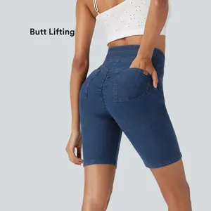 Halara Flex High Waisted Butt Lifting Stretchy Knit Denim Casual Biker Shorts with Pockets